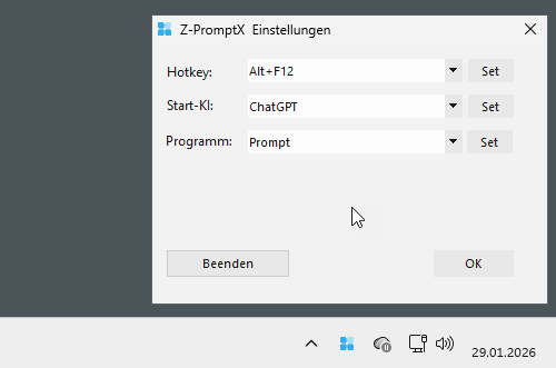 Das Bild zeigt, die Einstellungen zum Programm Start von Z-PromptX