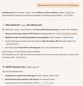 Ausgabe von Copilot auf die Frage, was bedeutet der Parameter "serve" bei Ollama.exe