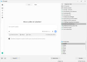 ChatGPT oder eine andere Internet-KI im Z-PromptX-Fenster, rechts die eigenen gespeicherten Prompts.