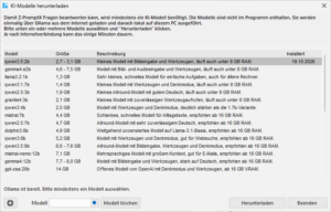 Z-PromptX Fenster KI-Modelle herunterladen mit Modellliste, Größe, Beschreibung und Installationsdatum