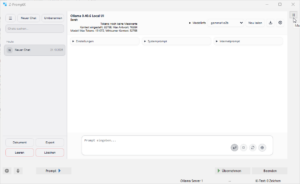 Screenshot der Ollama-Oberfläche von Z-PromptX mit Chatverlauf, Modellauswahl und Eingabefeld für Fragen an ein lokales KI-Modell