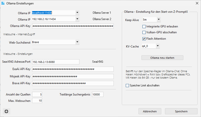 Z-PromptX Fenster „Ollama Einstellungen“ mit Ollama-Server, Websuche und Einstellungen für den Start von Ollama